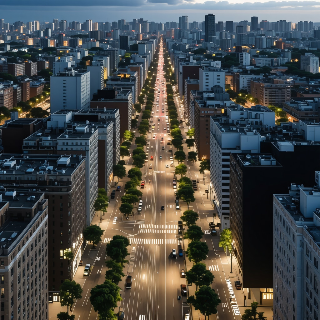 Illustration of a modern city with integrated sensor networks and adaptive lighting