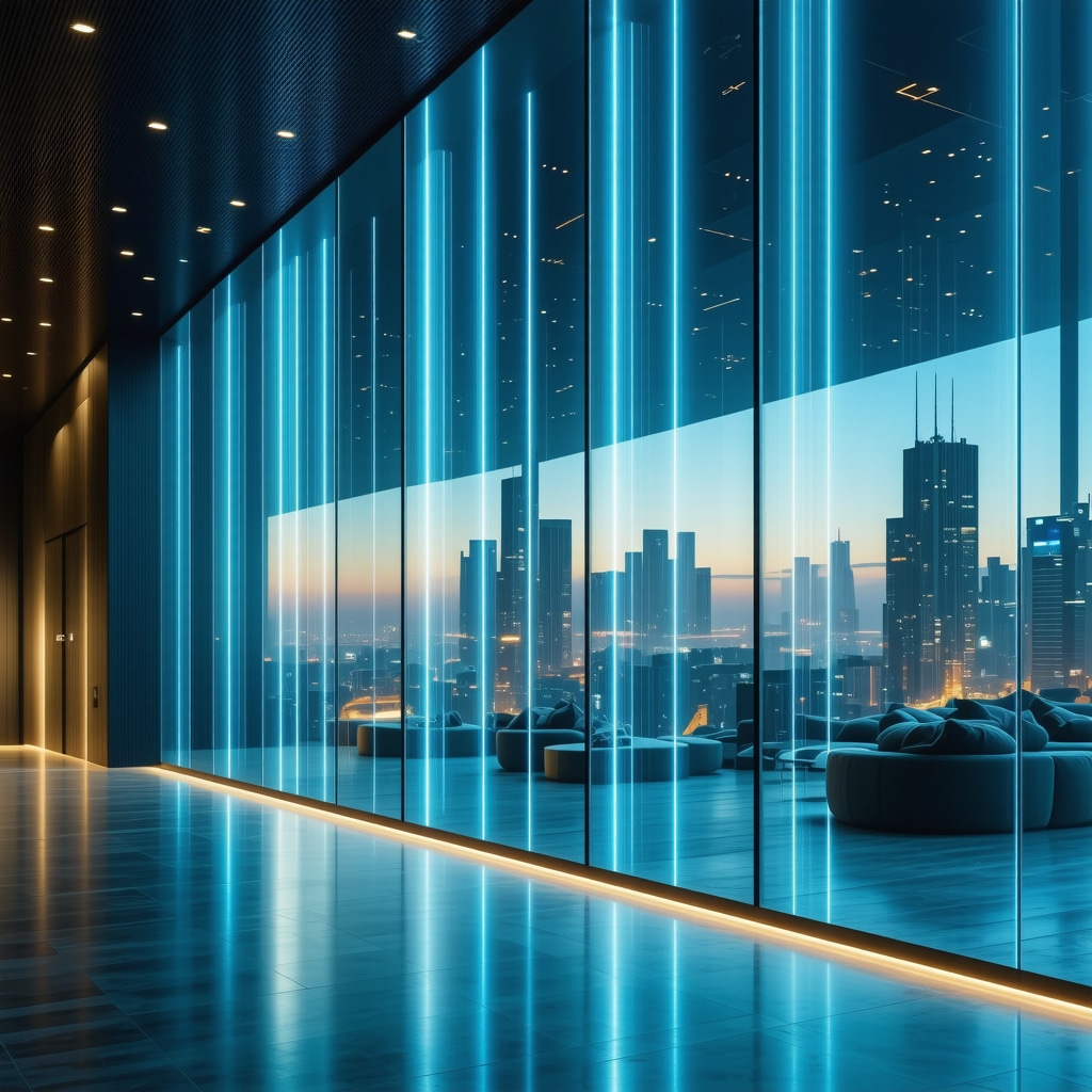 Futuristic smart glass panels controlling light in a modern interior