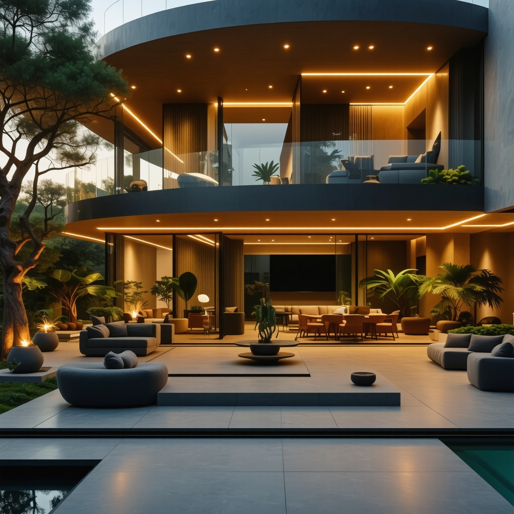 Interior of a modern smart home showing security cameras and LED lighting