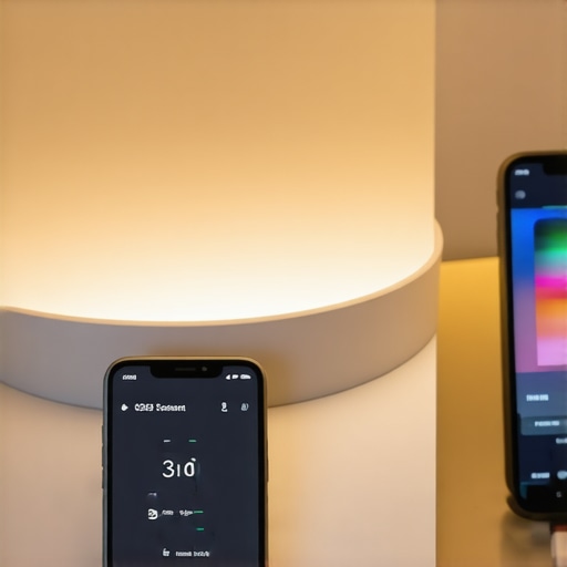 Smartphone controlling LED lighting in a modern bedroom.