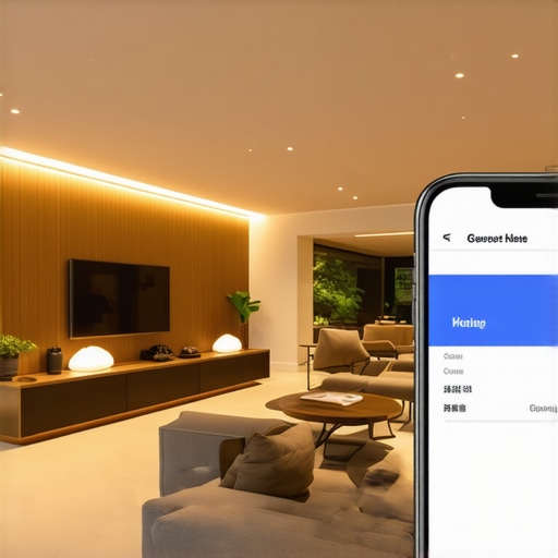 A contemporary living room with smart LED lighting controlled via mobile app