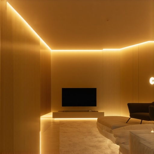 Modern living room with integrated smart lighting system featuring warm adjustable lights.