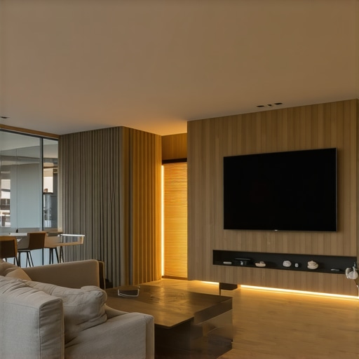 Interior of a modern living room with sophisticated smart lighting system