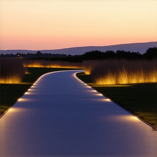 Outdoor pathway illuminated with intelligent solar-powered lights at dusk