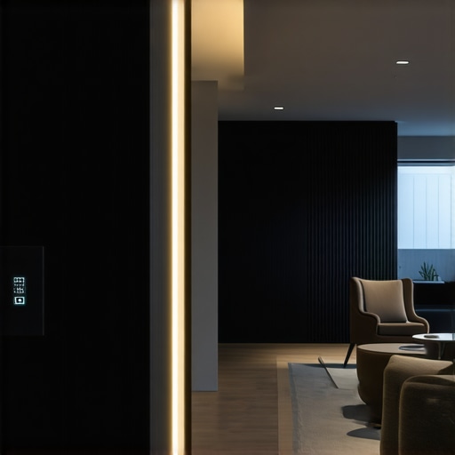 Interior of a modern smart home showcasing E14 lighting system controlled via mobile app