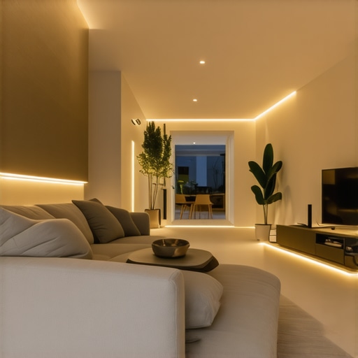 Modern living room with advanced layered lighting system, LED panels, and ambient LED strips
