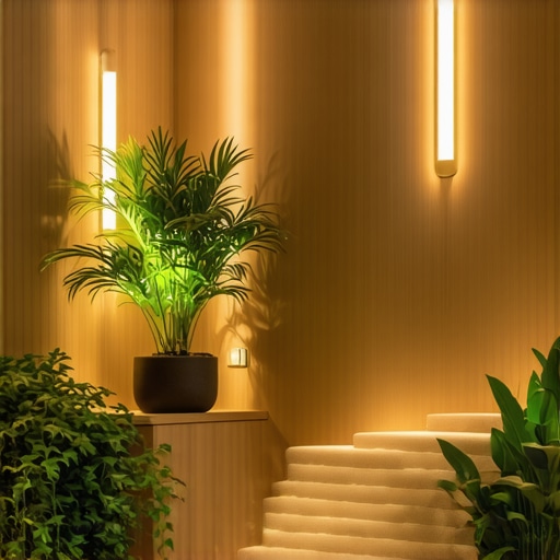 Interior with smart lighting, wood accents, and green plants