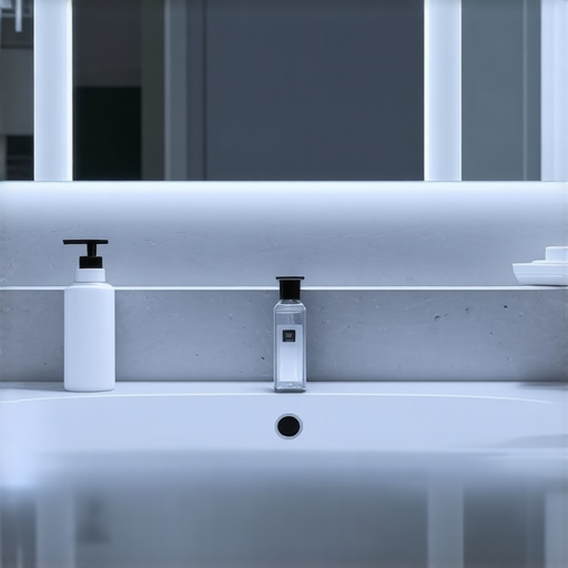 Futuristic Smart Bathroom with LED Technology Contemporary bathroom featuring smart LED lighting and eco-friendly design elements