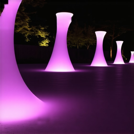 Modern garden with innovative LED lighting and artistic light sculptures at dusk