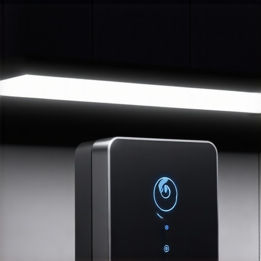 Modern integrated smart lighting system with IoT sensors and AI control panel, sleek design, futuristic technology, indoor and outdoor setting.