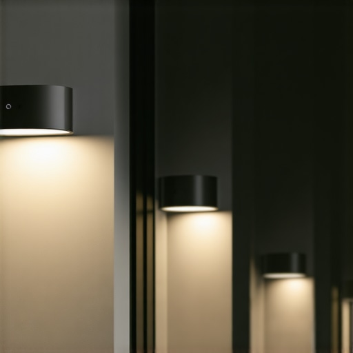 Advanced smart lighting system with sensors and AI control in modern interior and exterior spaces.