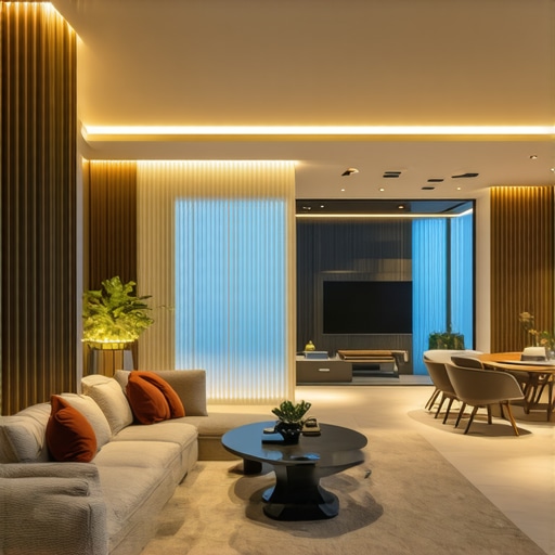 Living room with smart LED lighting controlled via smartphone
