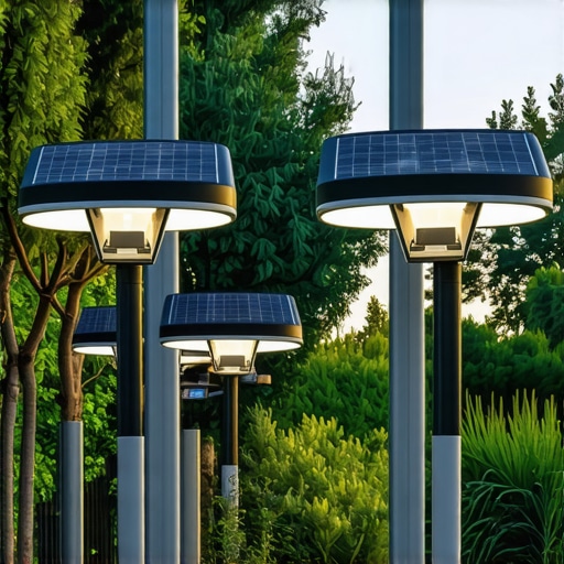 Advanced solar-powered outdoor lighting system incorporating AI sensors and IoT connectivity in a modern urban environment