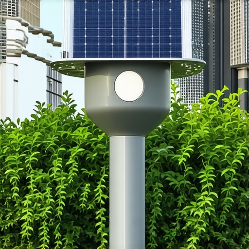 Modern solar outdoor lights with sensors and wireless control in landscape setting