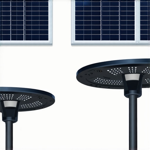 Futuristic Solar Streetlights with Intelligent Sensors Modern solar streetlights equipped with sensors in a city at night