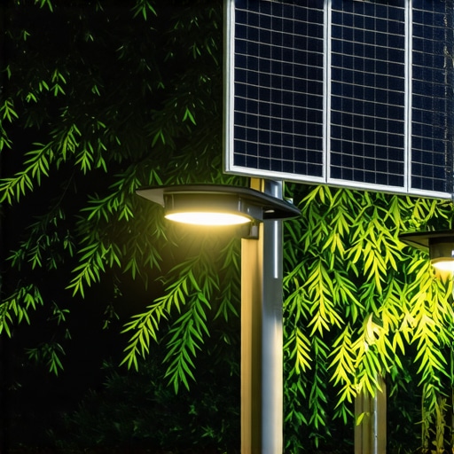 Futuristic outdoor lighting with IoT technology Advanced outdoor lighting system with sensors and solar panels at night