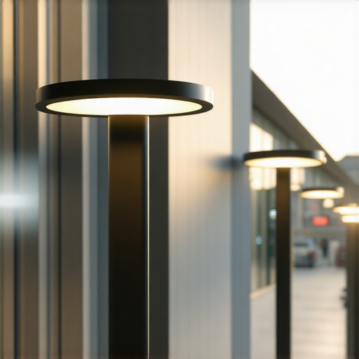 Innovative LED outdoor lighting system in urban space Modern LED lighting system illuminating a city street with modular design