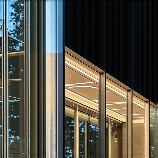 Futuristic building facade featuring rebrasto glass and integrated smart lighting.