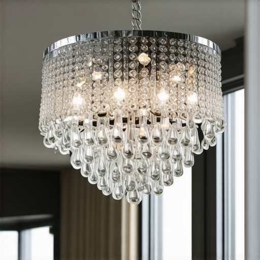 Elegant crystal chandelier made from recycled materials in a contemporary luxury interior