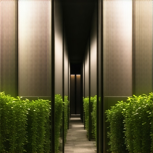 Garden illuminated by ribbed glass spotlights highlighting vertical plants and pathways.