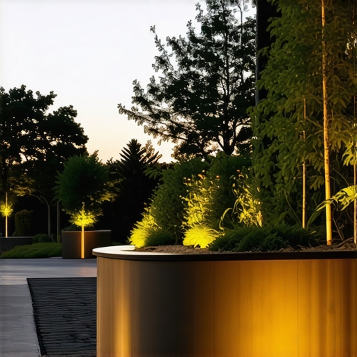 Elegant outdoor lighting fixtures with gold accents and smart control technology in a garden setting