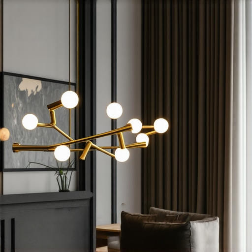 Modern brushed brass chandelier design Elegant modern chandelier with brushed brass finish in a stylish living room