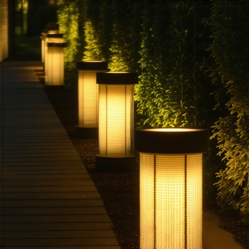Garden pathway lit with modern ribbed glass reflectors highlighting landscape features