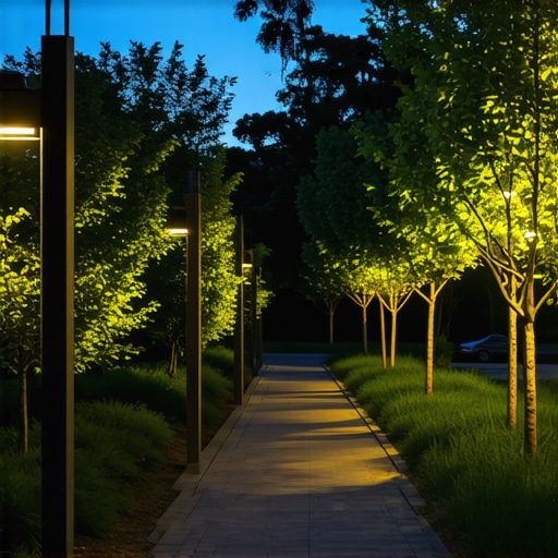 Ilustracija modernih LED svjetiljki s digitalnim kontrolama i senzorima u vanjskom prostoru