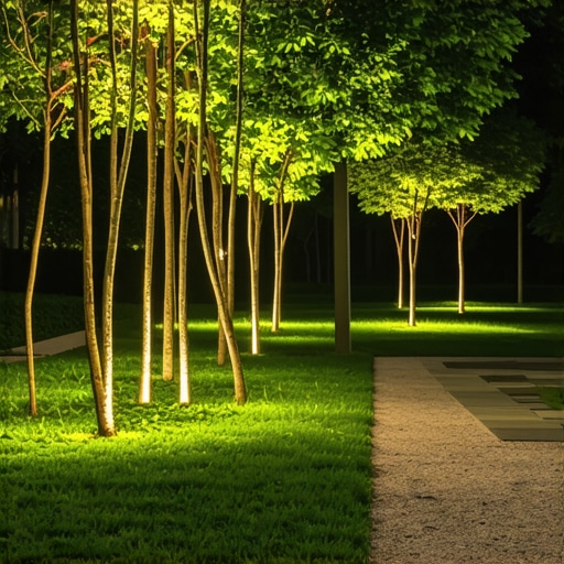 Modern outdoor lighting system with IoT sensors and AI analytics illuminating garden at night