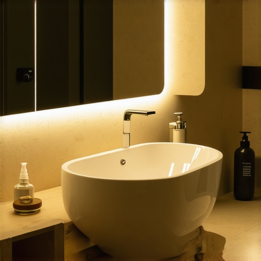 Smart Bathroom Lighting System Contemporary bathroom equipped with intelligent lighting, sensors, and IoT technology