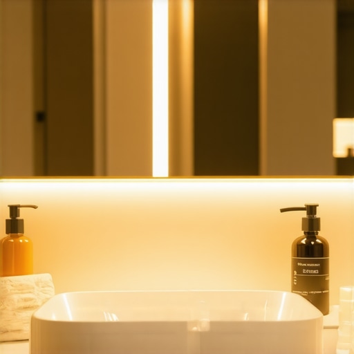 Smart Bathroom with Adaptive Lighting Modern bathroom featuring smart lighting system with sensors and customizable LED lights