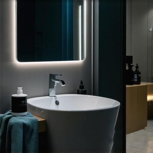 Smart Bathroom with Adaptive Lighting Futuristic bathroom interior featuring integrated smart lighting and sensor technology