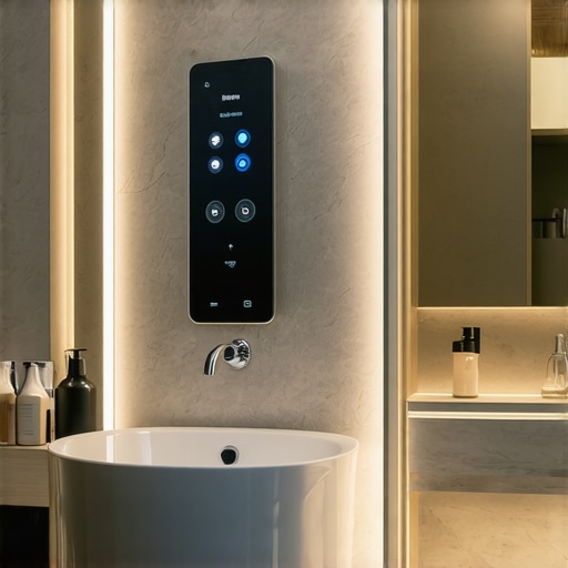 Futuristic bathroom with integrated IoT lighting controls and ambient illumination