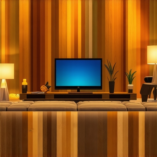 Interior shot of a rustic living room with advanced LED lighting and wooden decor