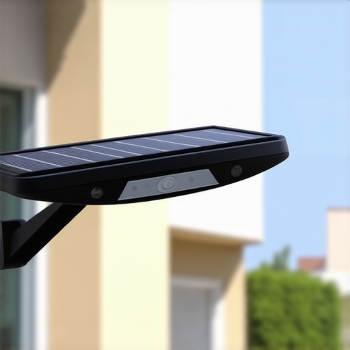 A modern solar outdoor lamp equipped with sensors and IoT controls in a city park