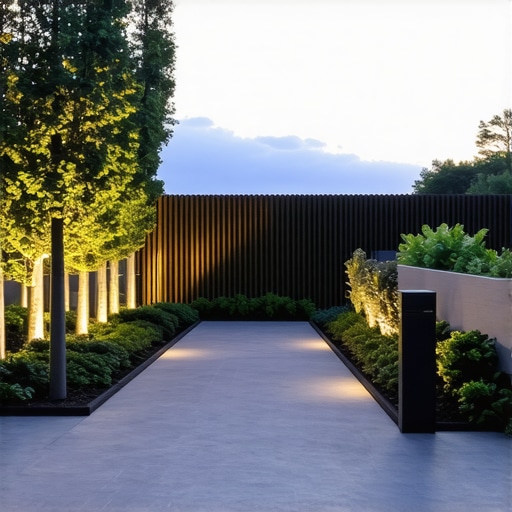 Modern outdoor lighting with sensors and digital controls illuminating a garden