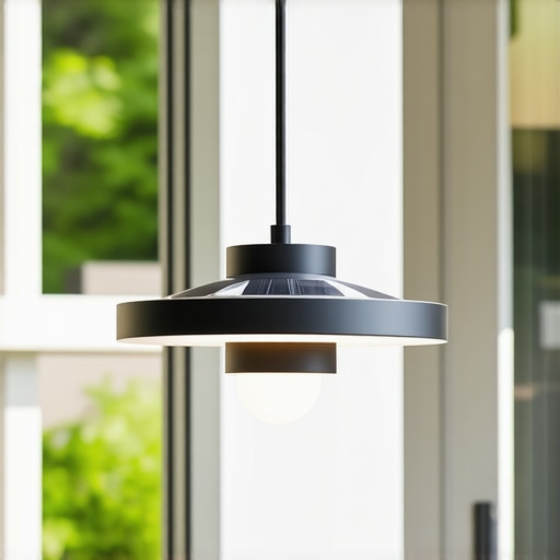 Exterior view of a modern outdoor hanging light with solar panel and sensor