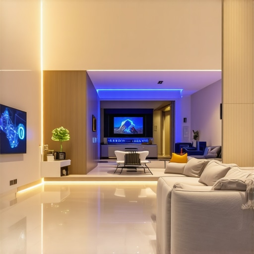 Interijer modernog pametnog doma s naprednom rasvjetom i automatiziranim sustavima