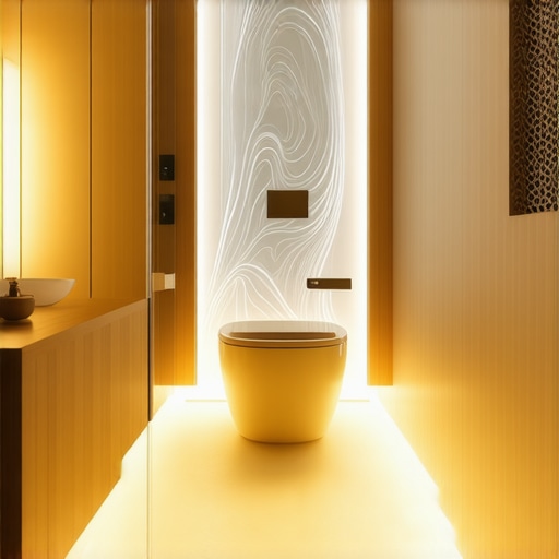 Bathroom interior with modern LED lighting and sculptural art elements
