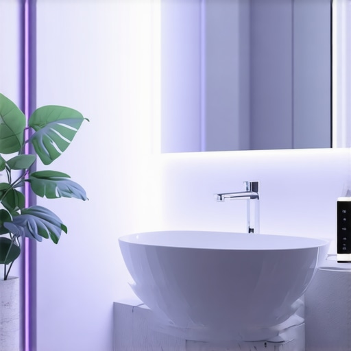 Advanced bathroom with intelligent lighting controls, IoT sensors, and personalized ambiance settings.