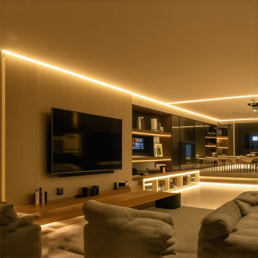 Futuristic Smart Living Room with Advanced LED Controls Contemporary living room featuring integrated LED lighting and control panels