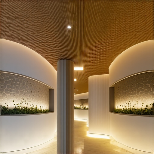 Contemporary interior space with biofilic lighting, LED elements, natural textures, and smart home controls.