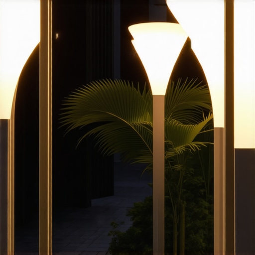 Contemporary outdoor lighting sculpture with LED elements and landscape integration.