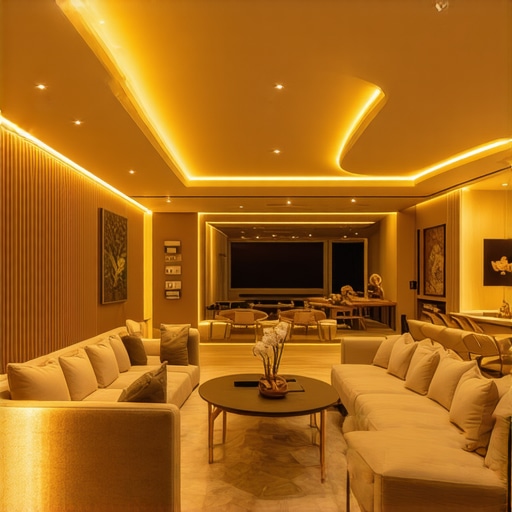 Luxurious Modern Living Room with Gold Layered Lighting Elegant living room showcasing layered gold lighting, LED strips, and smart control systems