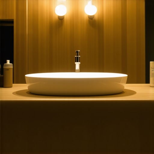 Contemporary bathroom illuminated with smart LED lights, sensors, and artistic fixtures