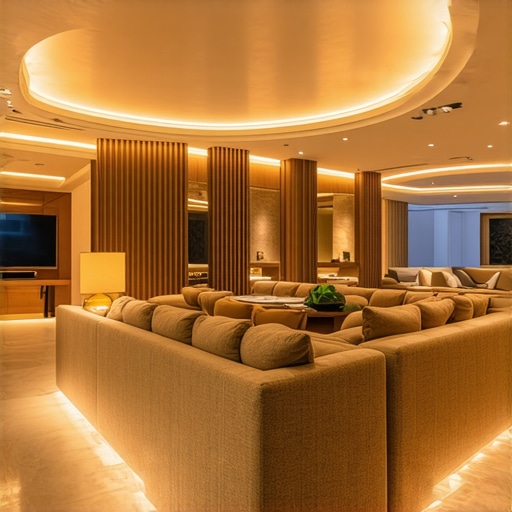 Luksuzni enterijer sa sofisticiranom rasvjetom Elegantni dnevni boravak sa modernom rasvjetom i luksuznim detaljima