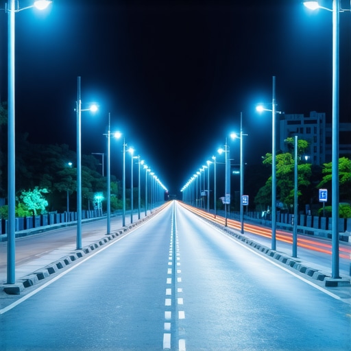 Futuristic smart street lighting system with sensors and LED lights in a cityscape at night