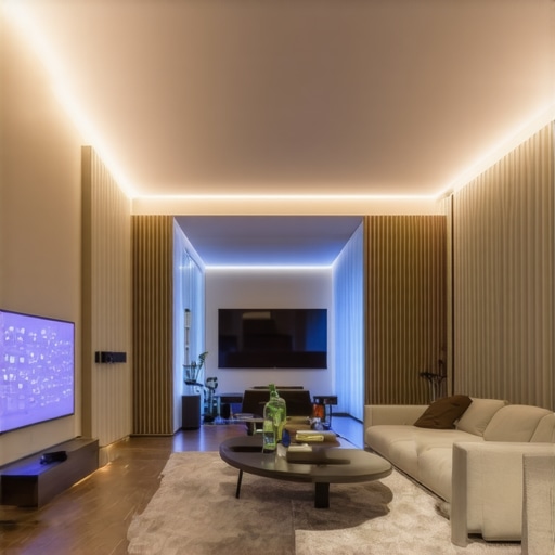 Modern living room illuminated with smart LED lighting system showing adjustable colors and intensities.