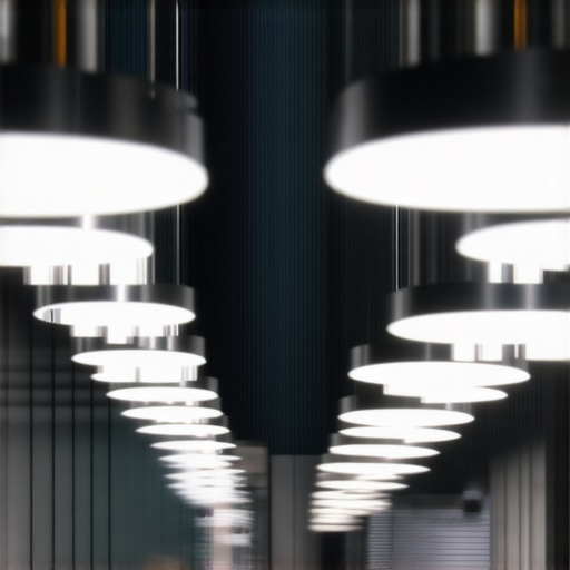 Detailed view of layered industrial lighting setup with LED fixtures, highlighting ambiance and focus lighting