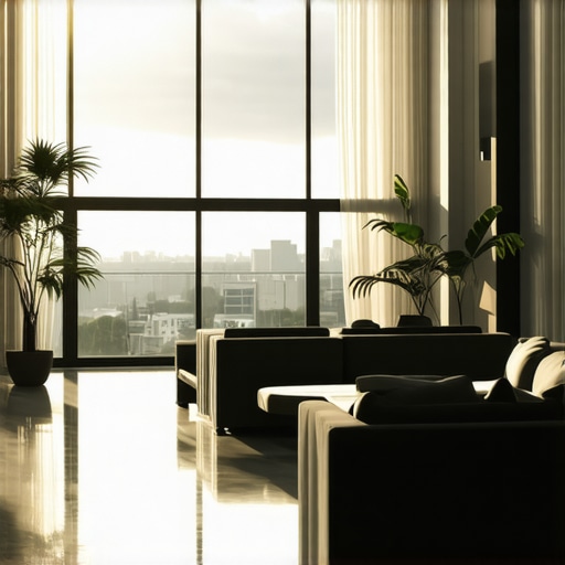 Interior of a modern living room with large windows, layered lighting, and reflective surfaces enhancing natural light.